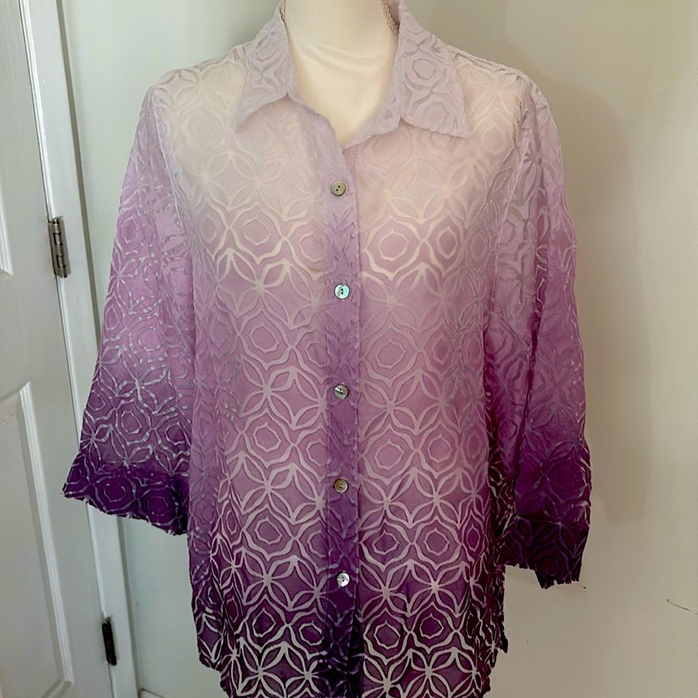 Sheer Ombre Purple Kimono Top Boho Lightweight Button Front Size 14 - Picture 2 of 6